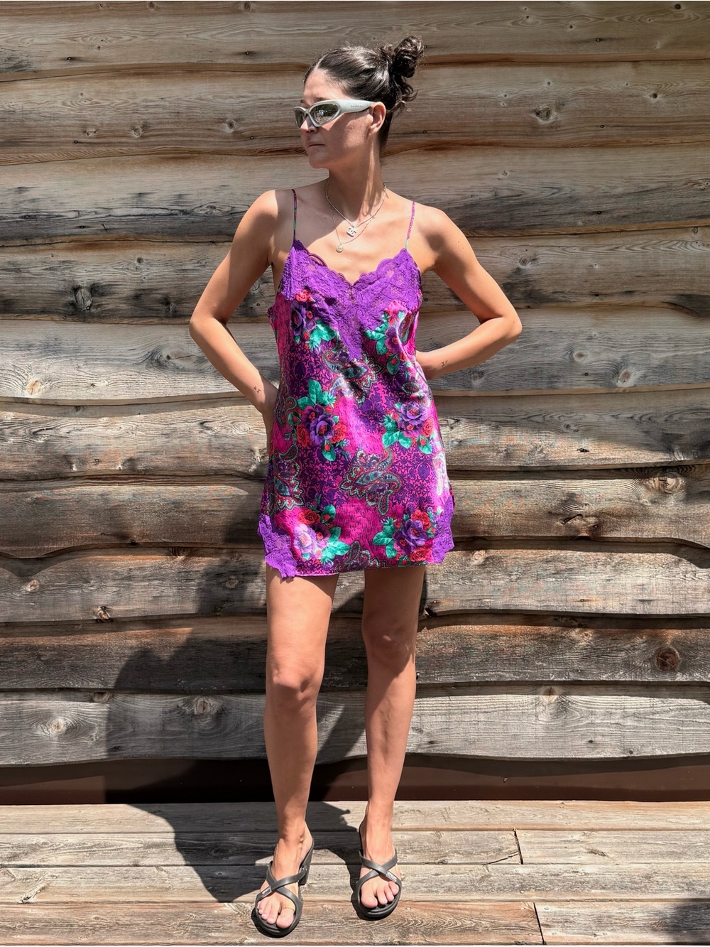 Vintage Victoria's Slip Secret Purple Floral Lace Trim Chemise